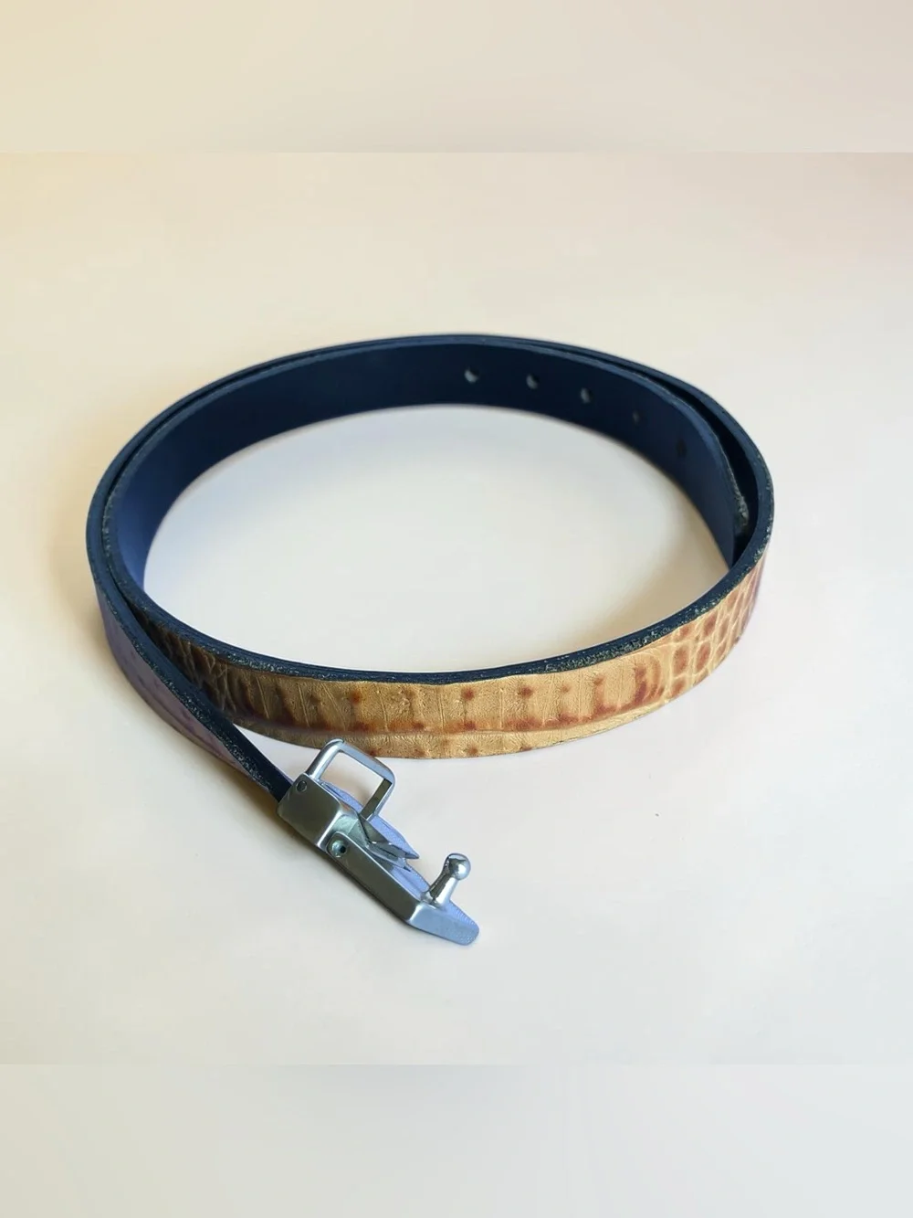 Vintage Leather Belt Embossed Croc Texture Brushed Silver Buckle Tan Cognac 1